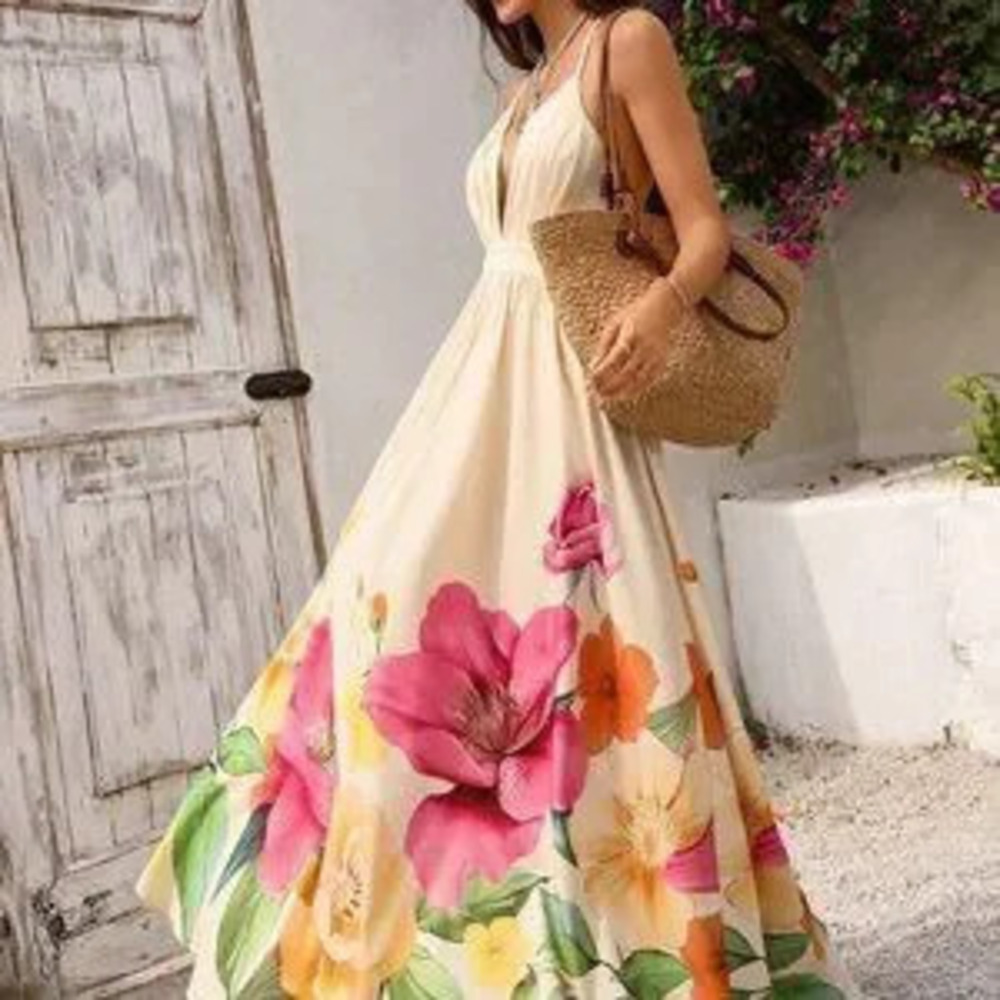 Multicolor Boho Vacay Women's Floral Print Deep V Neck Backless Maxi Dress - Picture 5 of 7